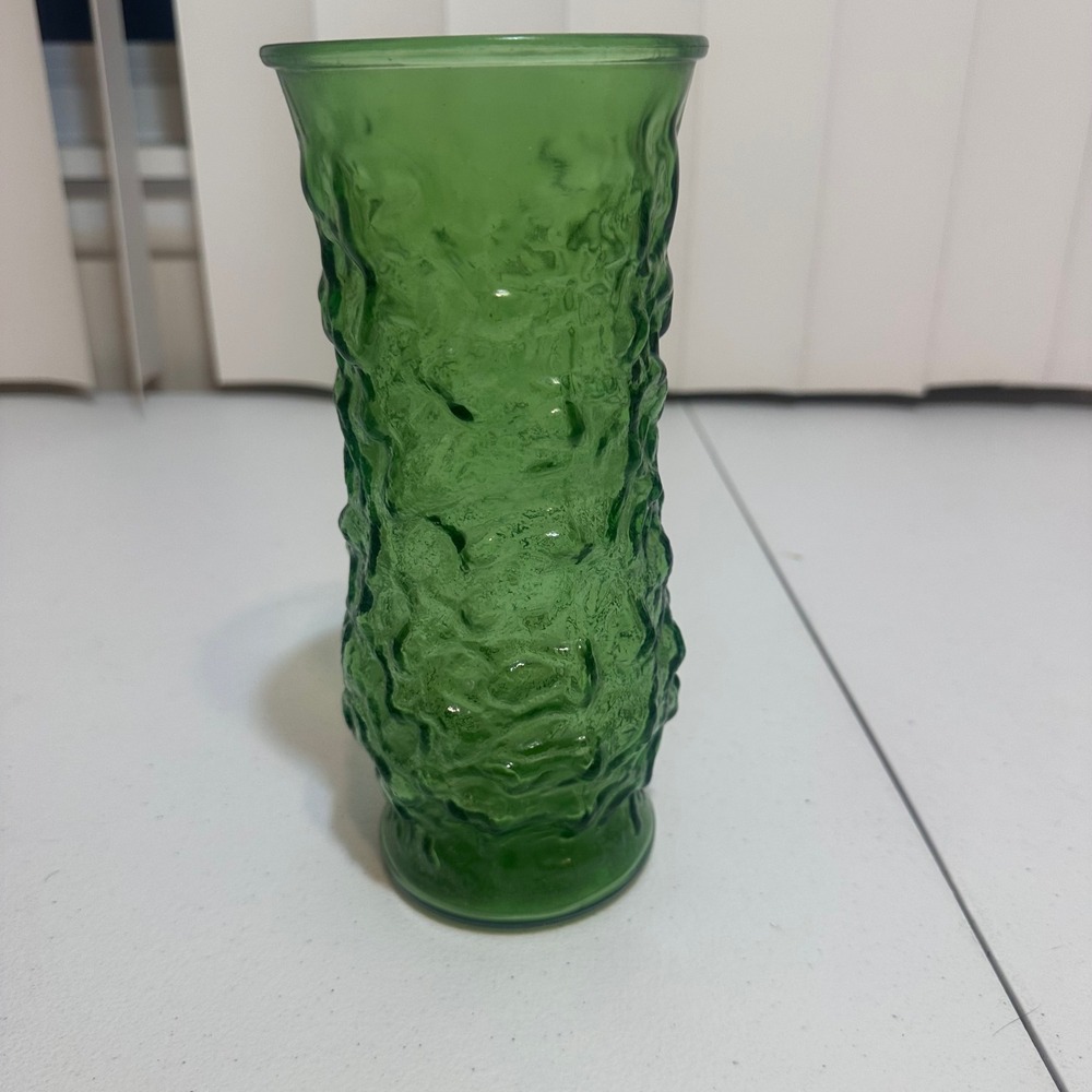 Glass Vase Green Bark Texture Crinkle Mid Century Modern